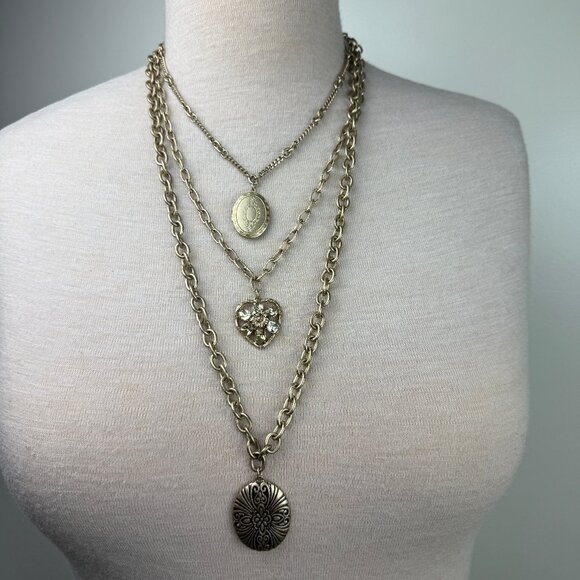 LC Liz Claiborne Multi-Strand (3) Chain Necklace Gold Tone Locket Heart Rhinesto - Picture 1 of 10